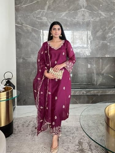 Image of Royal Export Women's Kurta Set | Viscose Silk Floral Embroidered Straight Kurta Pant Dupatta Set Kurta Sets for Women | Ladies Kurta Set