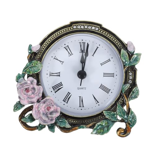 DECHOUS ヨーロッパスタイルのミニテーブルクロック エナメルフラワーデザイン レトロな置時計 家庭用デコレーション 教室用 デスクトップ時計 バッテリーなし