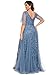 Ever-Pretty Women's Plus Size Sequin Embroidered Formal Evening Gown V-Neck Sheer Short Sleeve A-Line Mother of Biride Dress Haze Blue US24