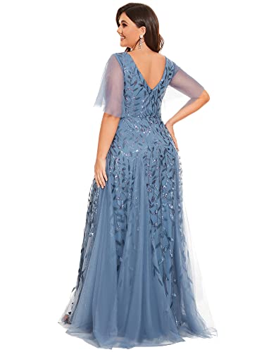 Image of Ever-Pretty Women's Sequin V Neck Plus Size Formal Dresses Evening Gown | Short Sleeve, A-Line, Empire Waist, Plus Size Mother of the Bride Dresses, Plus Size Gala Dress