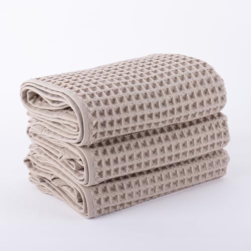 PÜSKÜL Waffle Kitchen Towels - Premium 100% Turkish Organic Cotton Ultra Soft Quick Dry Absorbent Lint Free Hand Dish Towel 32X16 Inches (3, Beige)