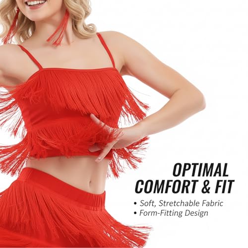 Ensemble Danse Franges Femmes Haut et Pantalon Long 2 Pièces Vêtements de Danse pour Latine Salsa Bachata(Rouge 10-11T) – vue 2