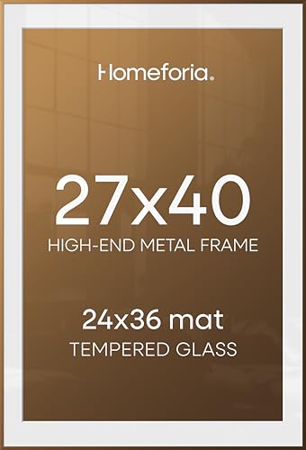 Image of Homeforia 27x40 Picture Bronze Frame, High End Metal 27 x 40 Large Poster Frames with Mat 24 by 36 Photo, 27x40 Brass Movie Frame Matted to 24x36, 40x27 Thin Frames, Tempered Glass, Wall Kit, Set of 2