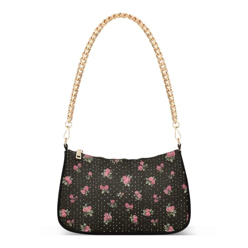 Clutch Shoulder Bags Tote Evening Purse Handbags for Women Rose Dots Floral Black Hobo Bags with Zipper Closure