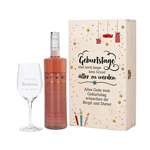 Herz & Heim® Geburtstagsgeschenk mit graviertem Weinglas und Bree Wein zur Auswahl in Präsentbox als Geschenk zum Geburtstag für Frauen und Männer Rosé