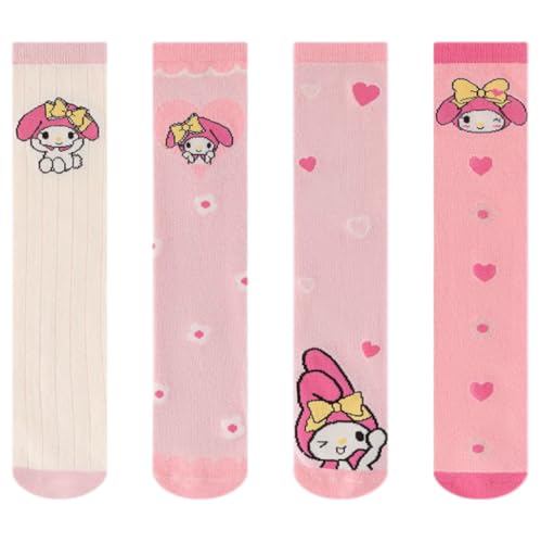 靴下 ソックス 子供 キッズ 4足セット 秋冬 ハイソックス かわいい キャラクター クロミ マイメロ キティ ロング 女の子 ガールズ 通気性 柔らかい ピンクのサムネイル