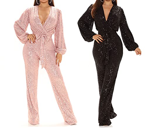 Letsvdo Womens Elegant Sequin Rompers Shiny Slim Fit Wide Leg One Piece Pants Birthday Club Flare Jumpsuits #TOP4