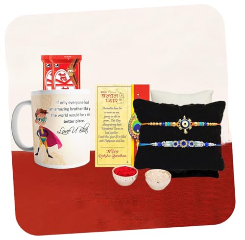 Image of CraftVatika Rakhi Gift Hamper with Chocolate, Rakhi with Mug Gift Box, Amazing Bro Printed Coffee Mug with Turtle Rakhi, AD work Raki with Greeting Card, Kitkat Chocolate