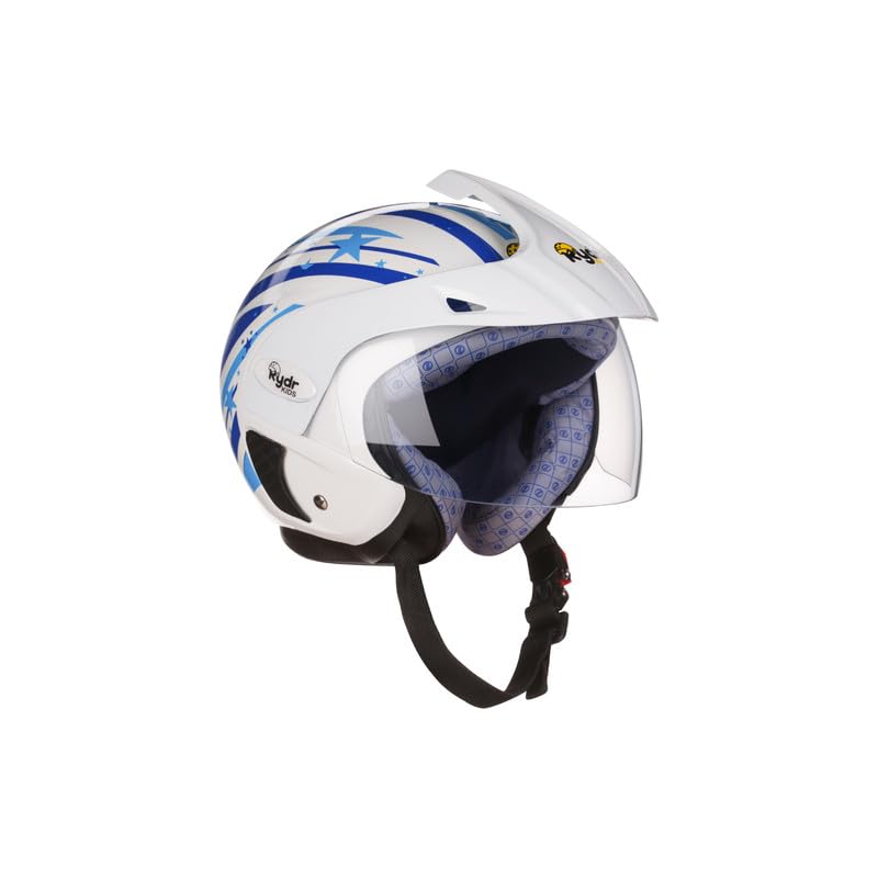 Image of Rydrkids Star S Peak - Leo Blue Kids Motorcycle Helmet with Visor & Peak - Size S 3 to 7 Years, Lightweight & Adjustable Safety Helmet for Boys