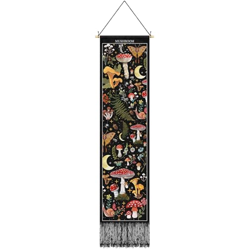 Tegeme Vintage Tapestry 52 x 13 Inch Long Vertical Wall Hanging Reference Illustrative Botanical Tassel Tapestry for Bedroom Living Room Home Decoration(Mushroom)