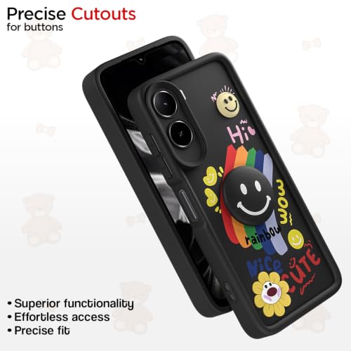 Image of Pikkme Back Cover for Mi Redmi A7 Pro /Poco C85x 5G / C81 | Soft Silicone| Cute Rainbow Smile & 3D Cartoon Flower Design | Shockproof Raised Camera Protection Bumper Case (Black)