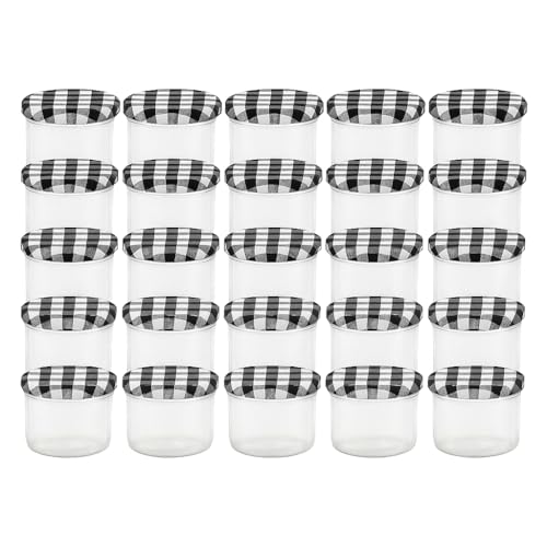 hocz 25x Marmeladengläser 125 ml Set | Deckel Schwarz Kariert TO 66 | mit Etiketten NZ | Einmachgläser mit Schraubdeckel zum befüllen | Sturzgläser Marmelade Schraubgläser | leere Gläser | 25 Stück