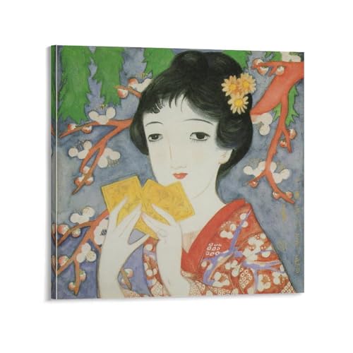 竹久夢二 絵画 ポスター 初春 キャンバス プリント 部屋飾り ウォールアート ベッドルーム ポスター 壁の絵 版画 インテリア16x16inch(40x40cm)