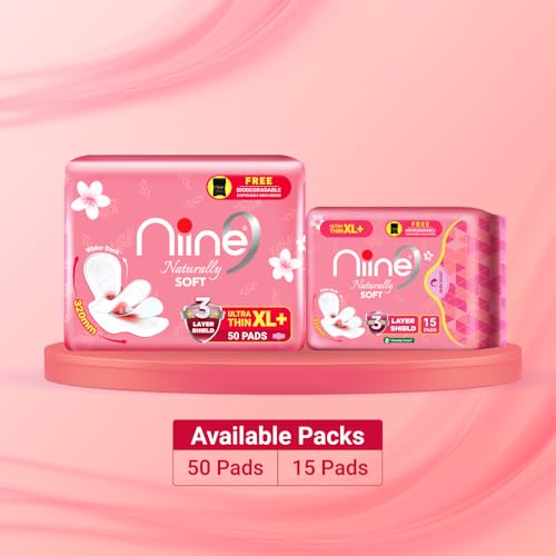 Image of NIINE Naturally Soft Ultra Thin XL+ Sanitary Napkins for Heavy Flow (Pack of 6) 36 Pads with Free Biodegradable Disposal Bags