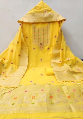 Image of Chanderi Suit Vol 5 | Pure Chanderi Banarasi Silk (3m) | Soft Cotton Bottom (2.5m) | Woven Chanderi Banarasi Silk Dupatta (2.3m) with Tassels, Unstitched Material, Fits up to 60 inch, Length 48