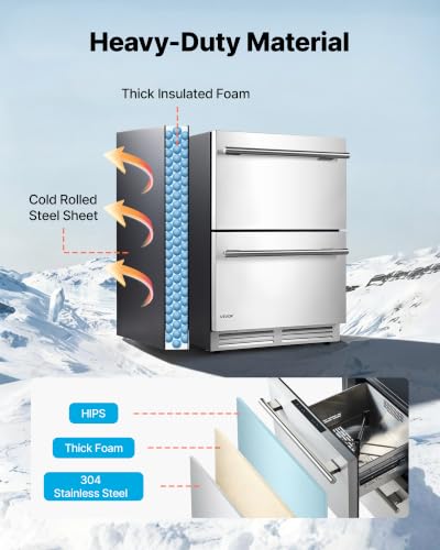 Image of VEVOR 24 inch Drawer Refrigerator with Freezer, Undercounter Fridge & Freezers | 304 Stainless Steel Drawers, Beverage Cooler for Fruit, Freezing Zone for Frozen Food, Ideal for Kitchen, Bar & Game Room