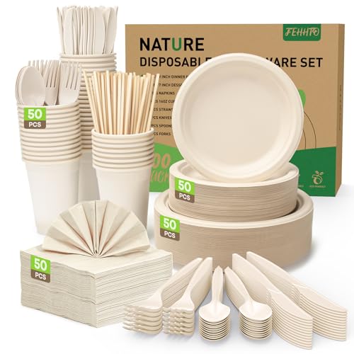 400PCS Compostable Disposable Paper Plates Set