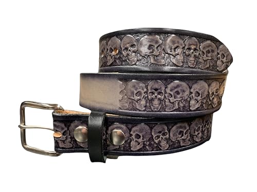 Skull Embossed Gray and Black Leather Name Belt