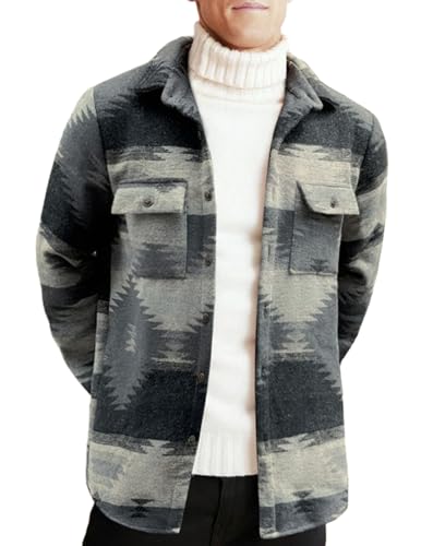 ZAFUL Mens Aztec Print Button Up Lapel Tribal Shirt Flannel Shirts Shacket Tribal Geometric Ethnic Jacket Shirt