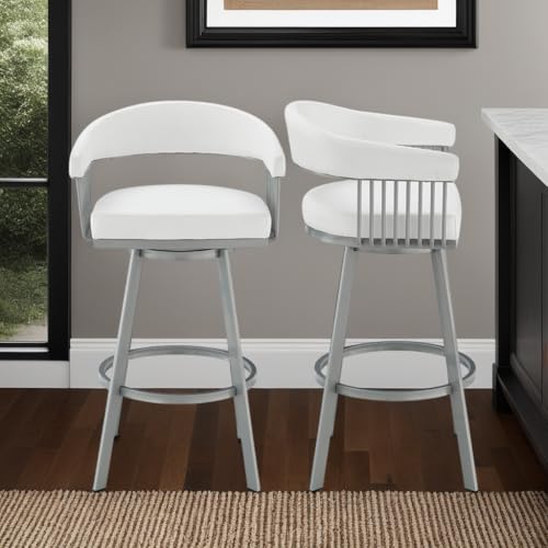 Butaco giratorio de altura para barra de 25 pulgadas Armen Living Chelsea en acabado plateado y tapizado en cuero sintético blanco miniatura 2