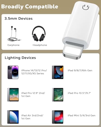 MoKo Lightning auf 3,5-mm Audio Kopfhörer Adapter (Nur zur Wiedergabe), DAC-Chip Lightning auf Aux 3,5 mm Kopfhörer Buchse Audio Dongle für iPhone 14 Pro Max/14 Plus/13 12 11 Pro Max/SE/XS, Weiß