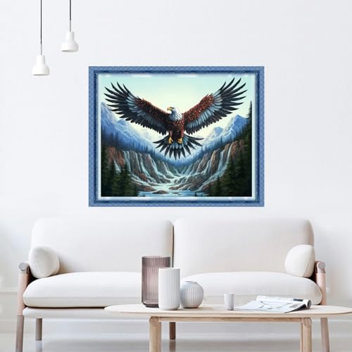 Image of DMCVIVR Stamped Cross Stitch Kits for Beginners Adults Needlepoint Kits for Beginners Embroidery Kits for Adults Crossstitch Kit for Beginners 11CT-Mountain and River Owl 16x20 inchs