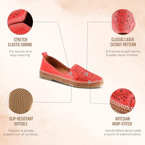 Image of Spring Step Women's Ingrid Loafers - Premium Leather Slip-On with Laser Cutout Design, Elastic Goring and Lightweight Flat Sole for Comfortable Stylish Wear