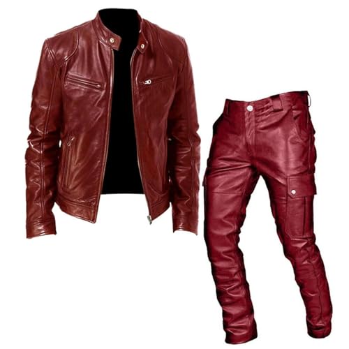 Traje de motocicleta de piel sintética para hombre, chaqueta de motocicleta con cremallera completa con múltiples bolsillos y pantalones cargo de poliuretano, chaqueta y pantalones impermeables, Vino