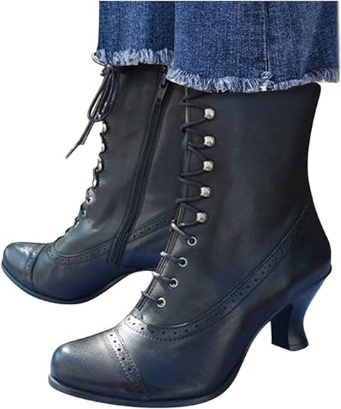 Generic Women Vintage Boots, 70s Lace up Ankle Boots Mid Heel Booties Cone Heel Side Zip Almond Toe Boots Costume Shoes, Multisize2