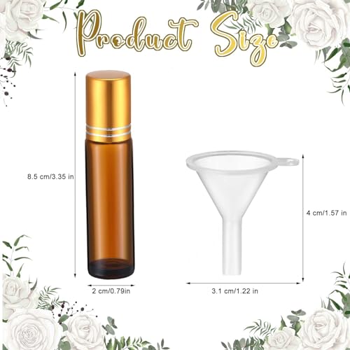 Image of Sumind 150 Pcs Essential Oil Roller Bottles 10 ml Glass Roller Bottles with Stainless Steel Roller Balls Empty Bottles Leak Proof Roll on Bottles with 5 Funnel for Travel Essential Oil (Amber, Gold)