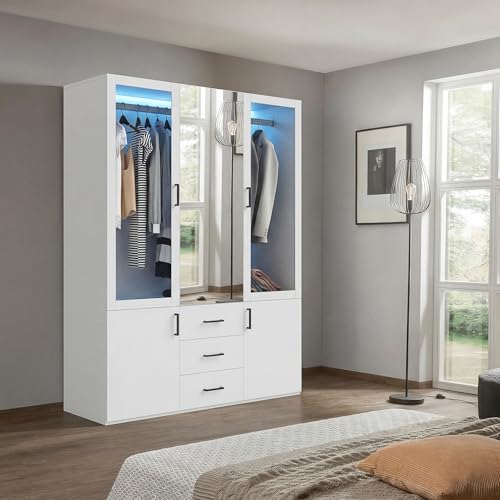 Armoire blanche avec LED, armoire avec miroir, armoire à portes pivotantes, 2 portes en verre, 2 portes, 3 tiroirs, tringle à vêtements, armoire moderne...