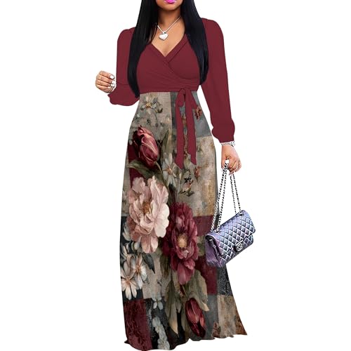 Image of Women's Plus Size Maxi Dresses Long Sleeves V Neck Floral Print Bohemian Swing Long Dress with Belt
