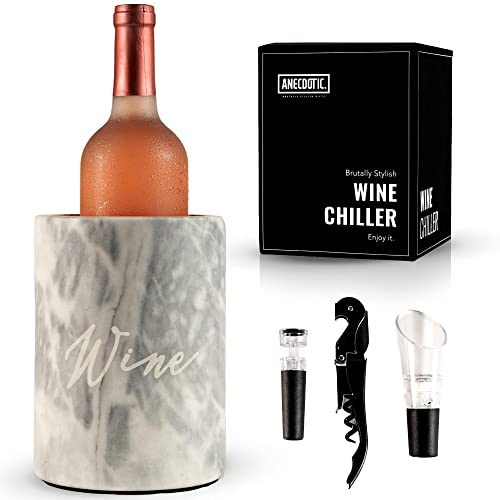 Marble Wine Chiller Bucket - Champagne & Wine Bottle Chiller with Engraved Design - Comes with Gift Box, Aerator, Bottle Stopper & Opener for Parties & Dinners - Wine Cooler Bucket Gift Set (White)