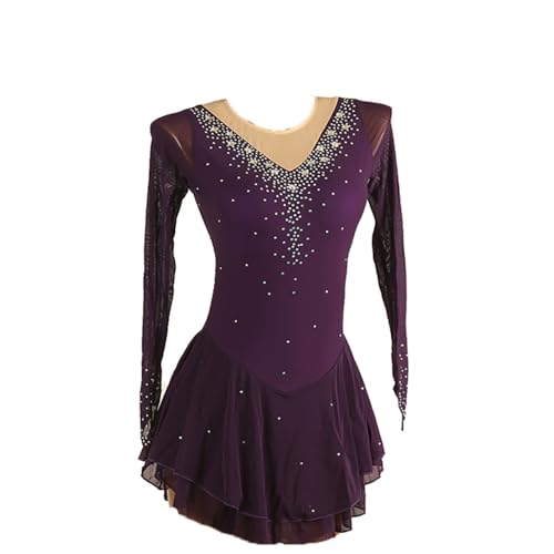 Vestido de patinação no gelo roxo Halo tingindo elastano feito à mão cristais manga comprida figura
