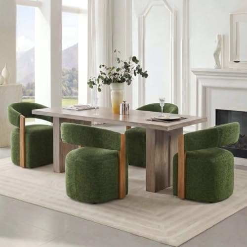 Image of KISLOT Upholstered Dining Chairs Set of 4, Modern Wooden Arm Kitchen & Dining Room Chairs with Hidden Casters, Fabric Padded Rolling Chairs, Sturdy Wood Frame, 300 lbs Capacity, Green