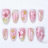 30Pcs Shiny Pink Press on Nails Medium Almond Fake Nails with Gold Beads 3D Flowers Designs Spring Acrylic Nails Peach Blossoms False Nail Gradient Pink Flower Full Cover Stick on Nails for Women