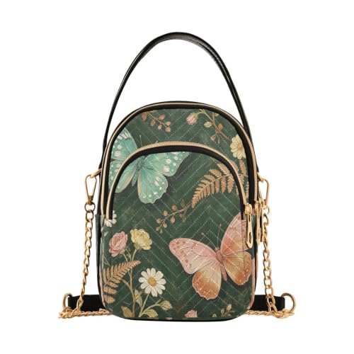 Countryside Butterfly gesteppte Crossbody-Telefongeldbörse, Ultraschall-Polyester-Mini-Handtasche mit abnehmbarem goldfarbenem Kettenriemen