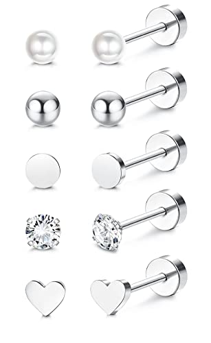 MILACOLATO 5Pares Piercing Titanio para Mujer Hombre G23 Pendiente de Titanio para oreja Piercing Corazón Ópalo Perla Turquesa Cúbico Zirconia Estrella Luna Cartílago Piercing Stud 20G Flatback Stud
