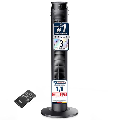 WoleixKlima Ventilator sehr leise 25dB, Turmventilator sehr leise mit Fernbedienung, Standventilator sehr leise mit Fernbedienung, 40W, 4 Modi&4 Stufen, 75°Oszillation, 12H Timer, 93CM