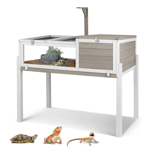 Standing Tortoise Habitat with Lamp Holder in Indoor & Outdoor Wooden Turtle Enclosure Table with Detachable Legs Leakproof Tray Openable Roof for Tortle Lizard Chameleon Grey