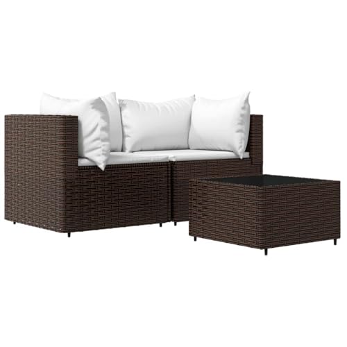HFXHIJXQ Salon de Jardin 3 Pièces en Résine Tressée Marron avec Coussins Blanc Crème, Ensemble Table Basse en Verre Trempé et 2 Canapés d'angle pour Balcon, Terrasse et Patio