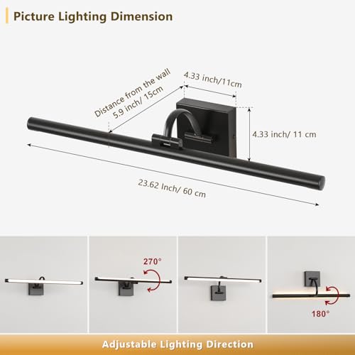 Image of DESOOP Black Picture Lights for Wall Hardwired LED Picture Lighting Dimmable Gallery Light Art Light for Wall Portrait Artwork 23.62 inch 14W Warm White