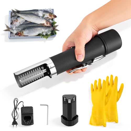 Aomdom Escalador de Pescado Eléctrico, Inalámbrico y Recargable, con 2 cabezas y guantes, Profesional Escalador de Pescado para Descamar Pescado, Ideal para Casa, Camping y Pesca