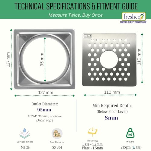 Image of Freshco Luxury 5x5 Floor Drain Jali - Emerald Design (with Hole) - for Washing Machine Pipe - Premium SS 304 (1.5mm) - Frame & Grating Only (No Trap)