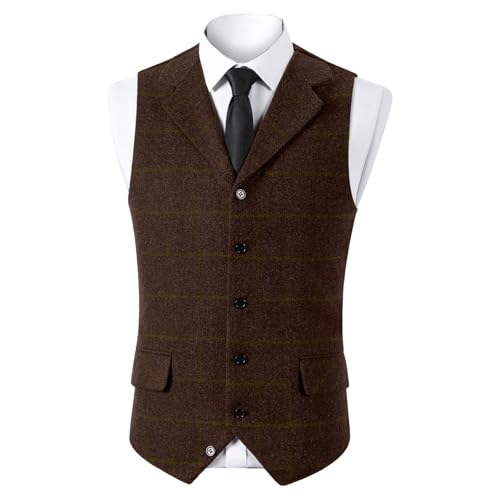 Men's Suit Vest Business Plaid Formal Dress Waistcoat Slim Fit Notched Lapel Button Up Vests for Suit or Tuxedo