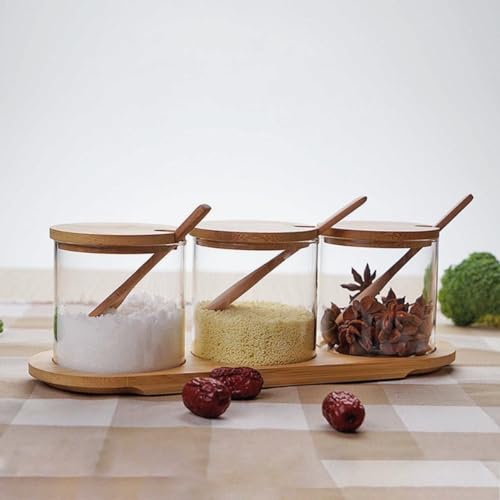 Kit Porta Temperos De Vidro com tampa de Bambu Açucareiro Meleira Porta Condimento - 3 Peças