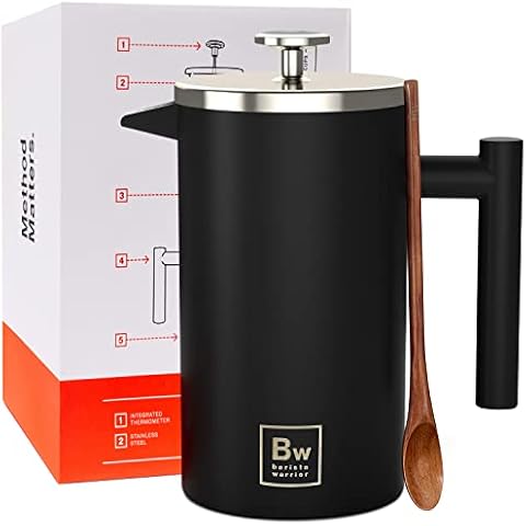 Barista Warrior French Press with Thermometer - Insulated Coffee Press - Stainless Steel French Press Coffee Maker (1.0L | 34 fl oz) (Black) Cover