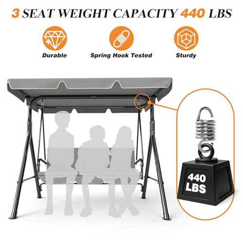 Image of GARTOO 3-Seat Patio Swing Chair, Outdoor Porch Swing with Adjustable Canopy and Durable Steel Frame for Patio, Garden, Poolside(Grey)