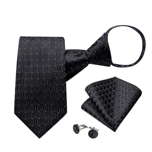 Image of DiBanGu Mens Zipper Ties Silk Adjustable Necktie Pocket Square | Paisley /Striped Pattern,Pre-tied Gift Tie Sets,Jacquard Woven,Pocket Square Cufflinks,Great for Formal & Business Wedding