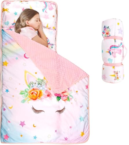 Toddler Nap Mat with Removable Pillow and Soft Dot Blanket Kids Unicorn Napping Mats, Extra Large Rolled Slumber Bags for Girls Preschool, Daycare, Camping, Ages 3-7 Years